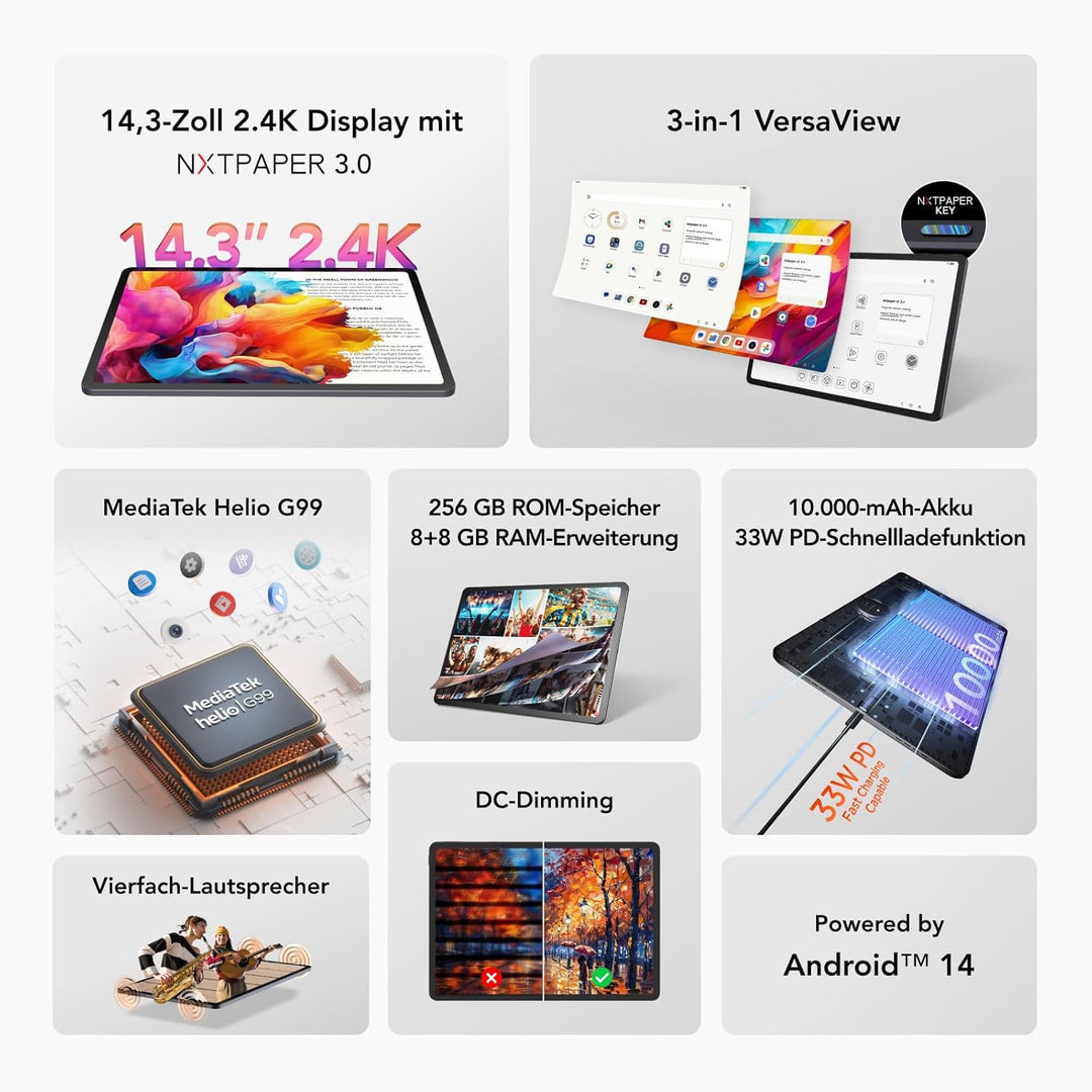 TCL NXTPAPER 14 Tablet mit Flipcase und T-Pen, 14,3" 2.4K NXTPAPER Display, 256GB Speicher, 8GB RAM