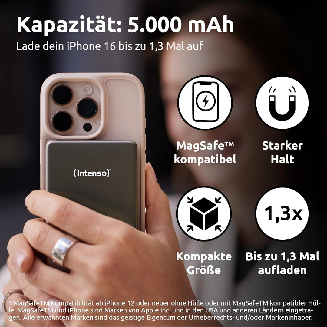 Intenso MW5000 Magnetische Powerbank 5000 mAh – MagSafe kompatibel, Wireless Charging 15W, USB-C PD