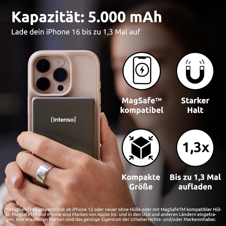 Intenso MW5000 Magnetische Powerbank 5000 mAh – MagSafe kompatibel, Wireless Charging 15W, USB-C PD