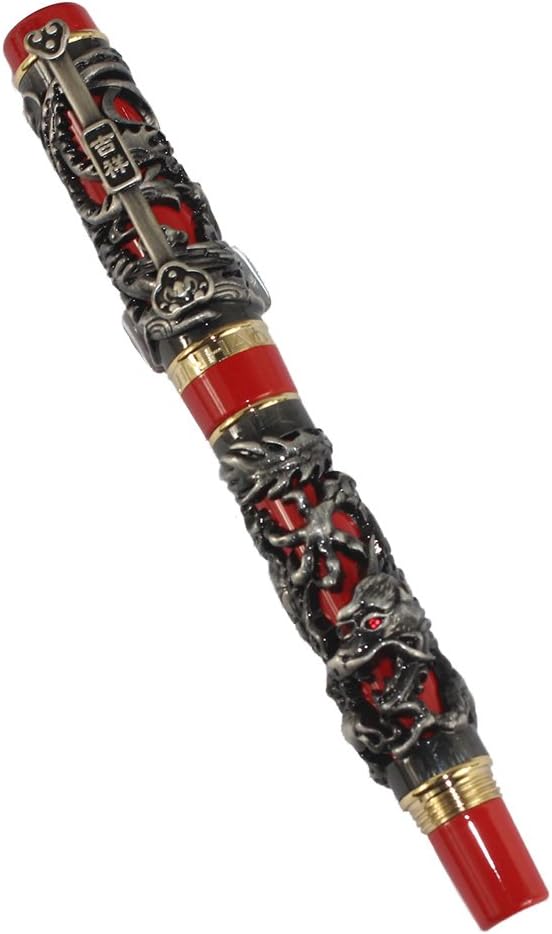 Gullor Edelste Drache und Phoenix Rollerball mit PU-Leder-Feder-Beutel - Antik Silber und Rot Antiqu