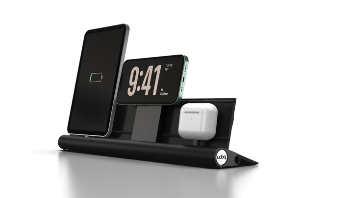 Aluminium Ladestation für iPhone 15, Tablet und AirPods, udoq 400, Schwarz, MagSafe und Schnell-Lade