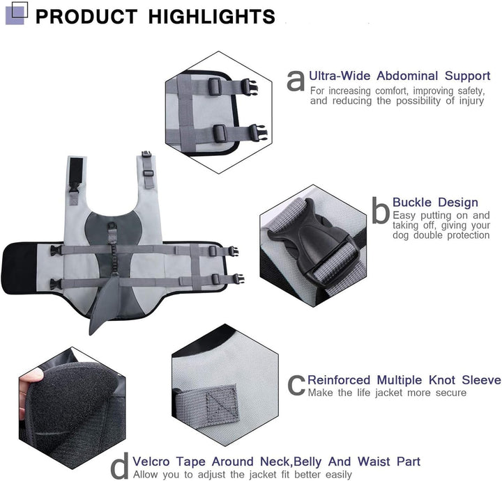 CITÉTOILE Schwimmweste Hunde Hai, Leicht und Sicher für Wassersport, hundeschwimmweste mit Griff und