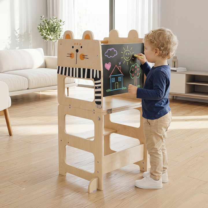 COSTWAY 3 in 1 Lernturm klappbar aus Holz, 50 kg belastbar, Natur | Tritthocker mit Tafel in Katzenf