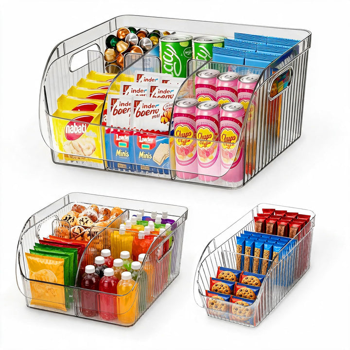 3er Set Aufbewahrungsboxen mit verstellbaren Trennwänden, Küchen Organizer Transparent 3er Set, Tran