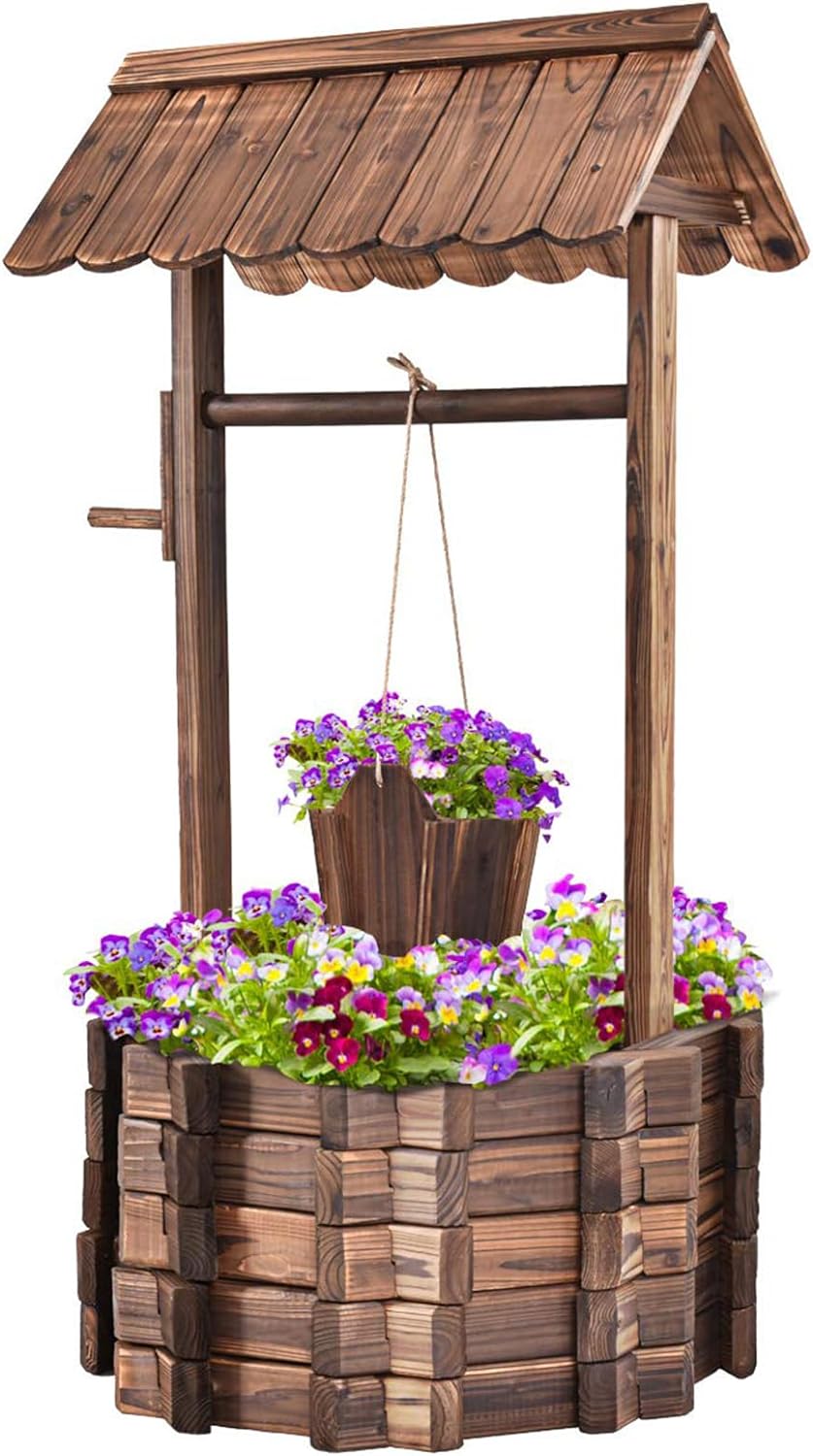 DREAMADE Holzbrunnen mit Dach, Dekobrunnen aus Tannenholz, 115 x 60 x 76 cm, Wunschbrunnen, Gartenbr