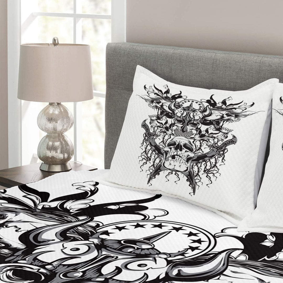 ABAKUHAUS Wikinger Tagesdecke Set, Schädel eines Kriegermotivs, Set mit Kissenbezügen Sommerdecke, f