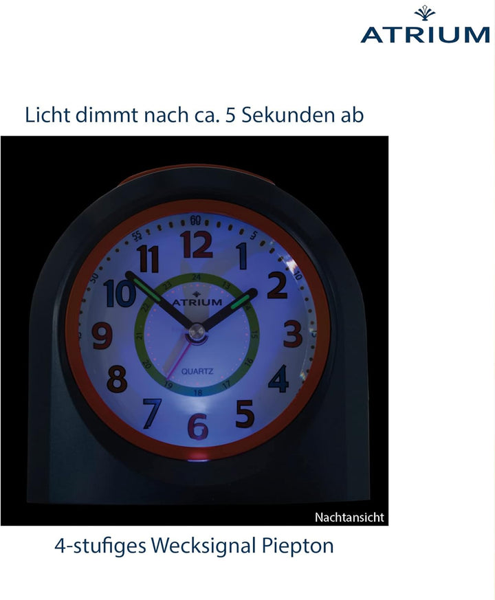 Atrium Kinderwecker Jugendwecker Analog Quarz mit Licht, Snooze &amp; schleichende Sekunde - leise ohne