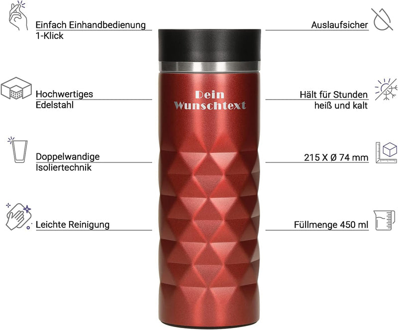 Edelstahl Thermobecher personalisiert – 100% auslaufsicherer & thermoisolierter Kaffeebecher – 450 m