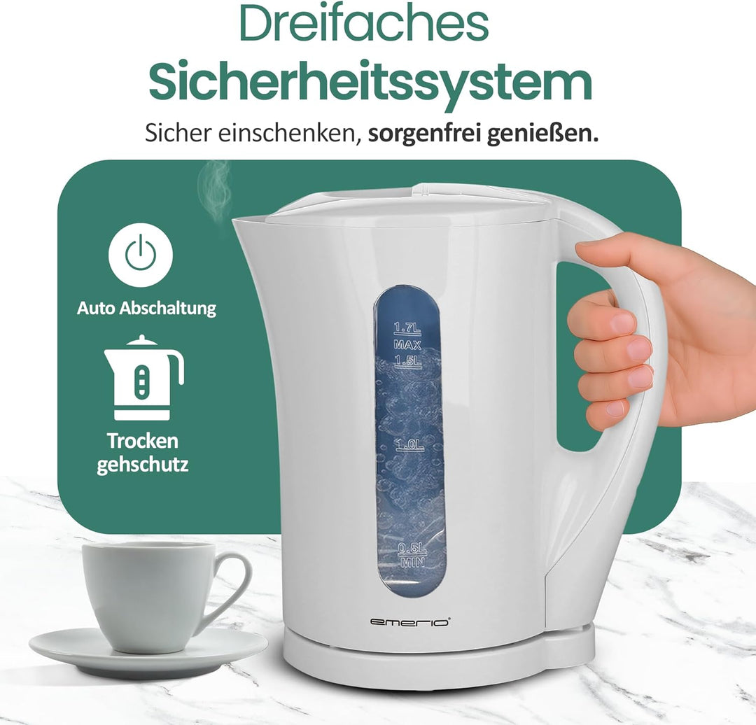 Emerio Wasserkocher BASIC | Kunststoff BPA frei | 1.7L Volumen mit beleuchtetem Ein-/Aus-Schalter |