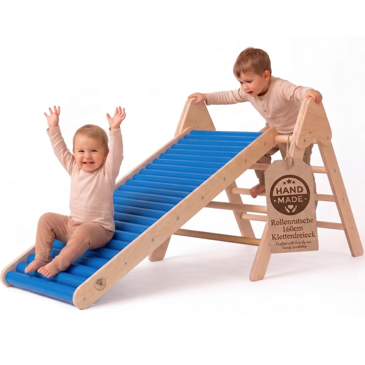 WoodsCraft - 2in1 Set: Indoor Rutsche mit Kletterdreieck | Kinderrutsche-Rollenrutsche: viele Sinnes