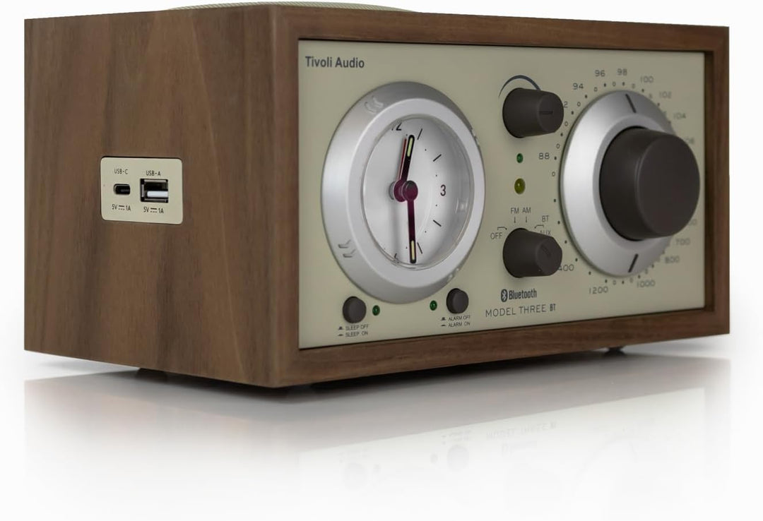 Tivoli Audio Model Three Bluetooth Clock Radio with USB-A &amp; USB-C Charging Ports (Walnut/Beige) Waln