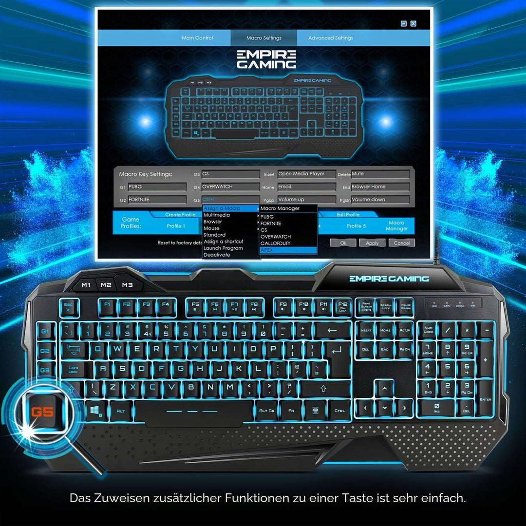 EMPIRE GAMING - Hellhounds PC Gaming Pack English- Keyboard Mouse Mousepad - Software programmable -