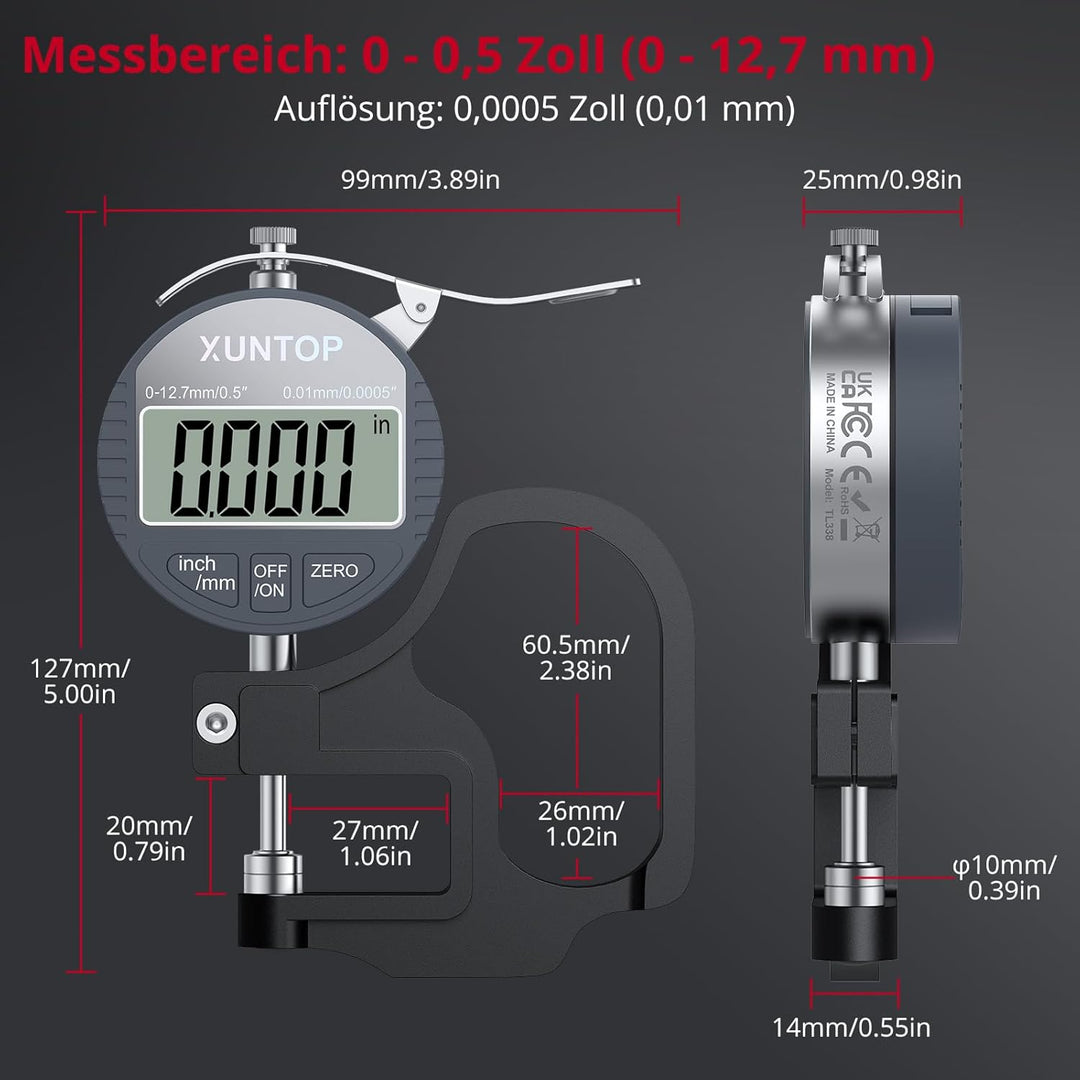 XUNTOP Digitales Dickenmessgerät Messbereich 0-12.7mm Elektronischer Mikrometer Zoll/metrisch elektr