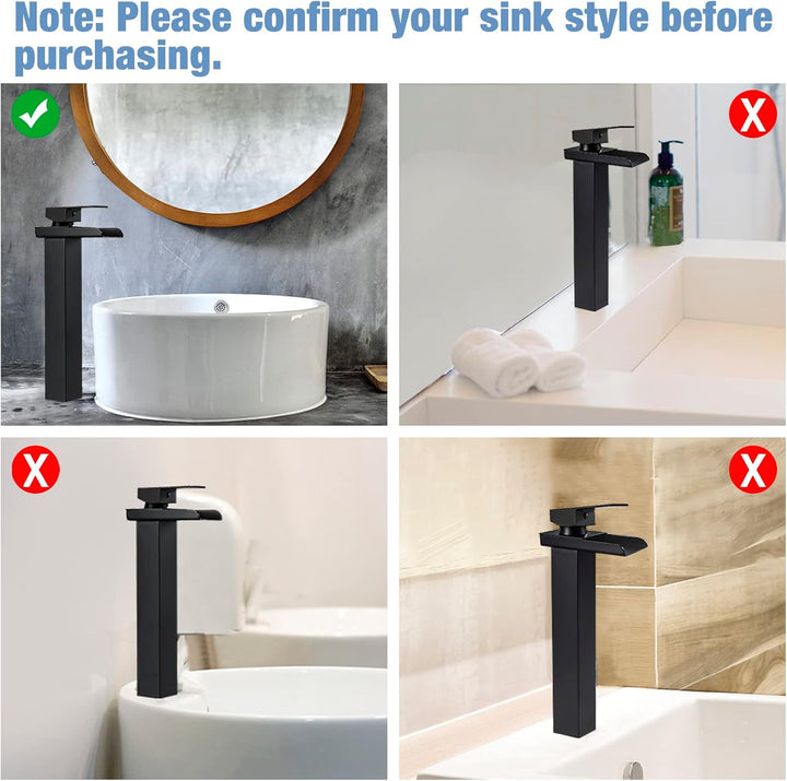 Wasserhahn Bad Schwarz Wasserfall Waschtischarmatur Hoch mit Auslauf 265mm | Messing Einhebel Mischb