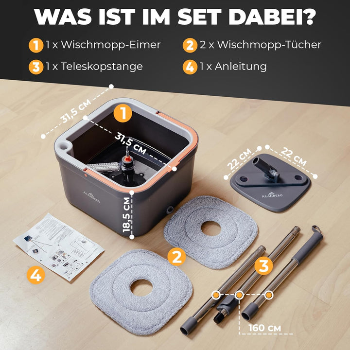 Wischmopp Set mit Eimer, 2-Kammer-System & 2 Mikrofaser-Pads, Flachmopp Bodenwischer mit Edelstahlst
