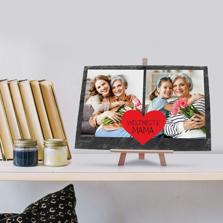 wandmotiv24 Schiefertafel Beste Mama, Personalisiert mit Ihren Farbfotos, Aufstellschild 2 Bilder in