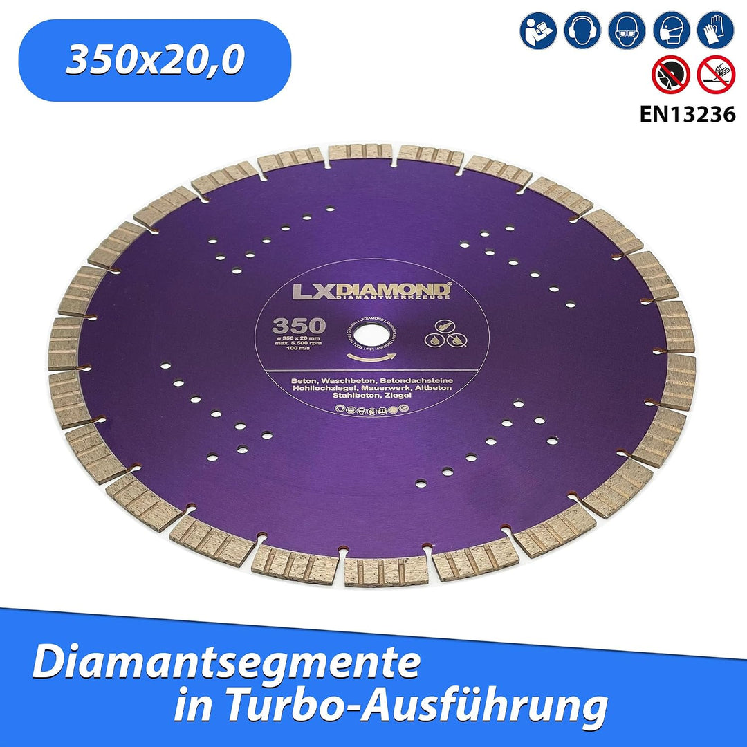 LXDIAMOND Diamant-Trennscheibe 350mm x 20,0mm - Segmente 15mm - passend für Beton Stahlbeton Waschbe