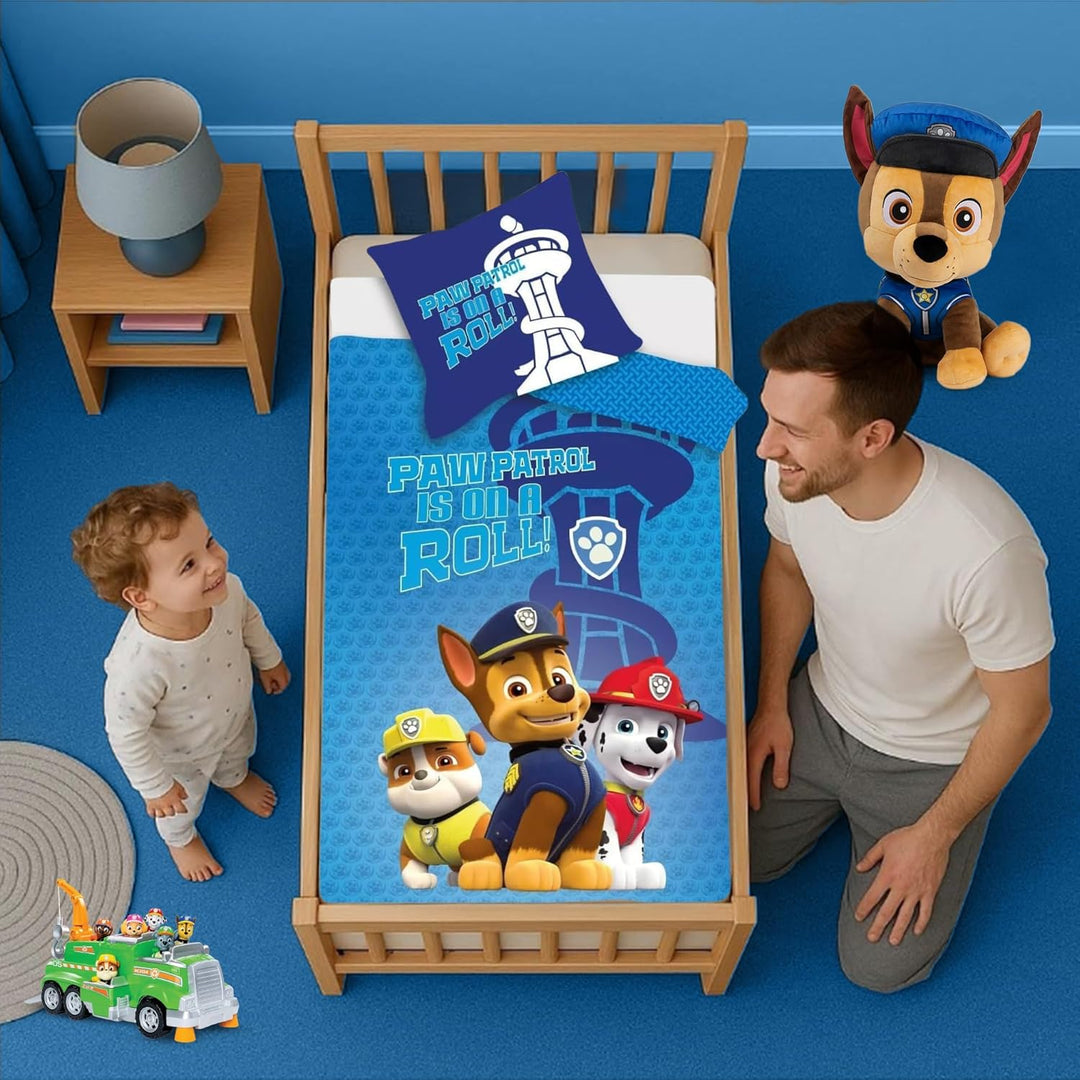 Paw Patrol Blaues Kinderbett-Bettwäsche-Set | Bettbezug 100x140 cm + Kopfkissenbezug 40x45 cm | 100%