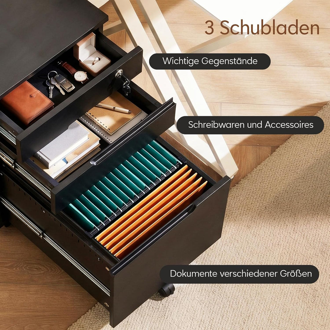 TUKAILAI Rollcontainer abschliessbar mit 3 Schubladen Mobiler Aktenschrank auf Rollen und Haken Büro