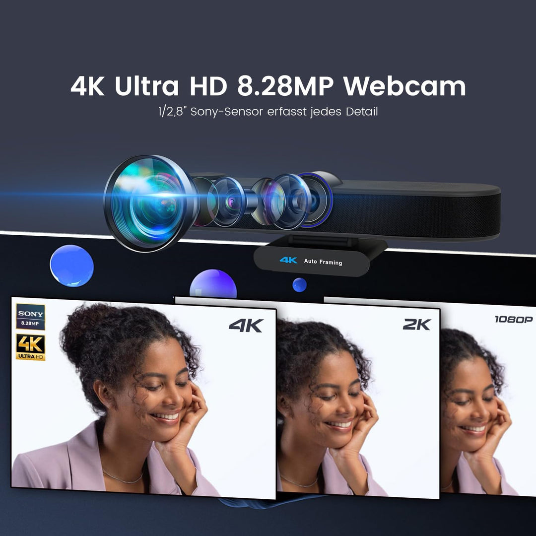 TONGVEO KI Automatisches Tracking 4K Webcam mit Mikrofonen und Lautsprecher, 5-facher Digitalzoom eP