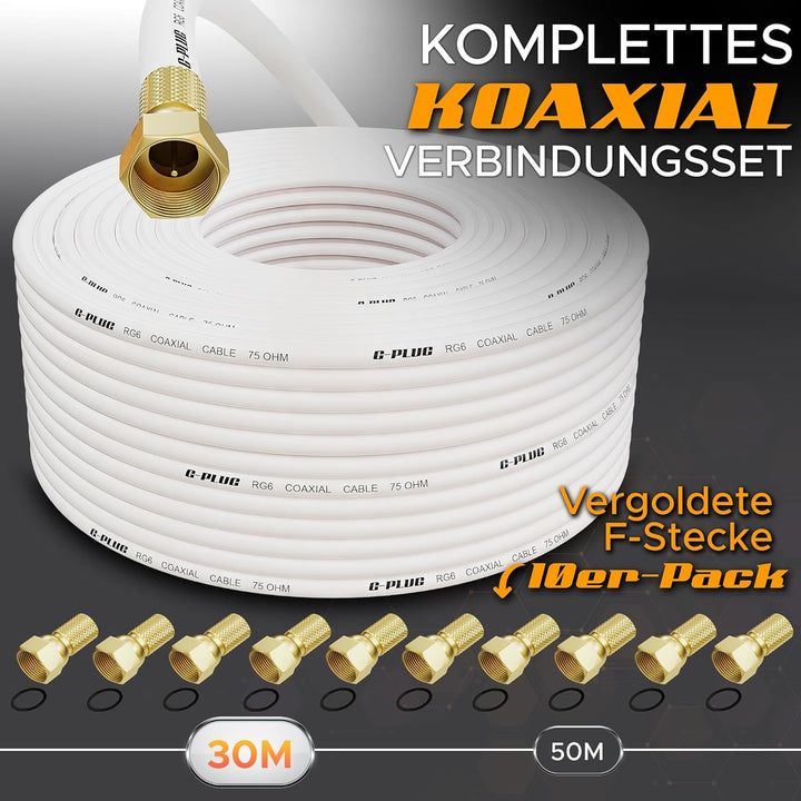 G-PLUG 30 m Koaxialkabel für TV RG6 Antennenkabel, Kabel satelliten TV, Verlängerung für Sat Kabel F