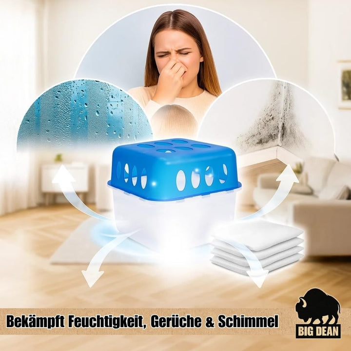 BigDean 4x Luftentfeuchter Feuchtigkeits-Stopper mit 8 x 400g Nachfüll-Beutel Granulat – Feuchtigkei