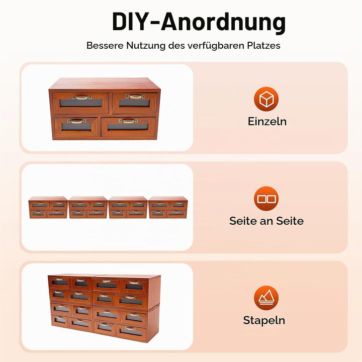 4 Stück Vintage Apothekerschrank Holz, 16 Schubladen mit Sichtfenster, Schreibtisch Organizer für Bü
