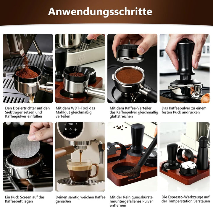 Espresso Zubehör Set 7tlg. – WDT Tool, Tamper, Distributor, Dosierring & Tamperstation | Barista Set