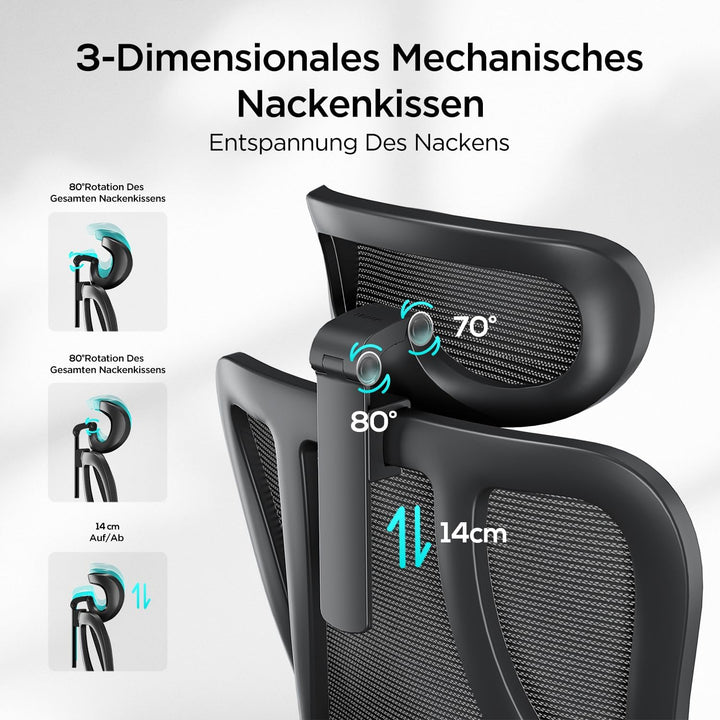 Hbada E1 Bürostuhl Ergonomisch, Schreibtischstuhl mit Verstellbarer Kopfstütze,Lendenwirbelstütze, G
