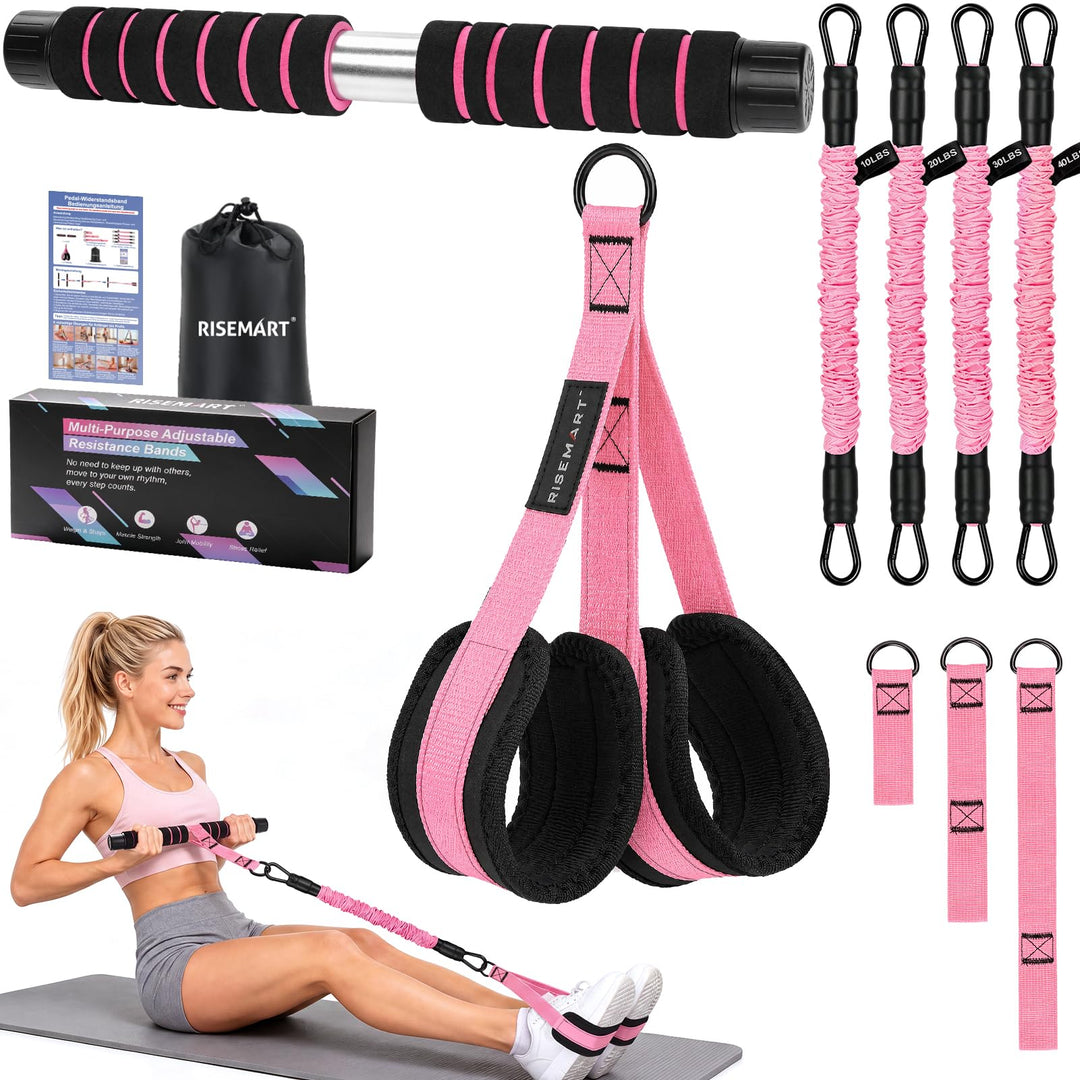 Bauchtrainer Band mit 4 Tubes, Verstellbares Widerstandsband mit Griff Rosa, Rosa