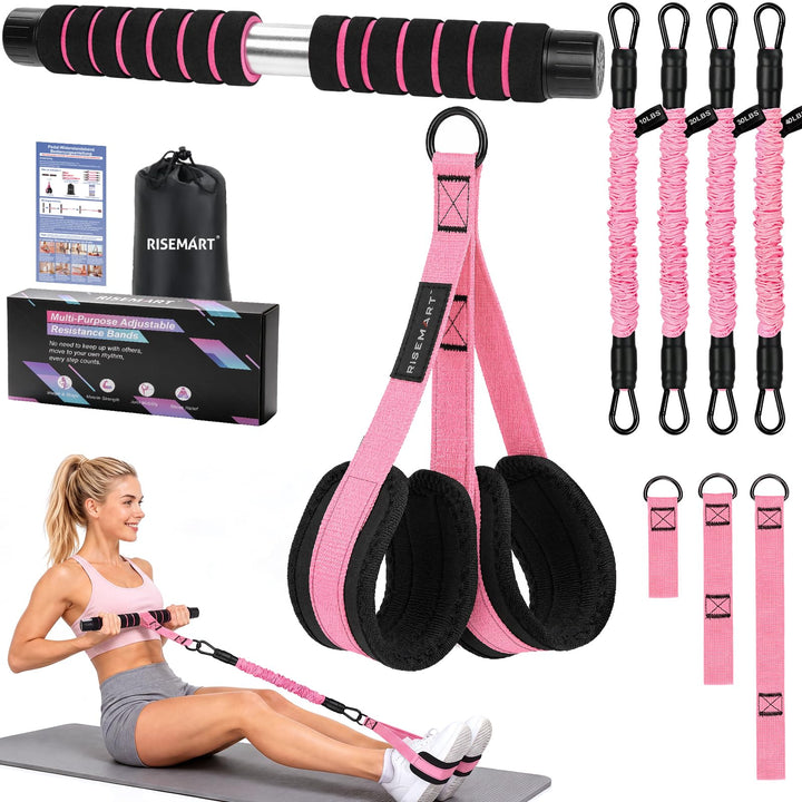 Bauchtrainer Band mit 4 Tubes, Verstellbares Widerstandsband mit Griff Rosa, Rosa