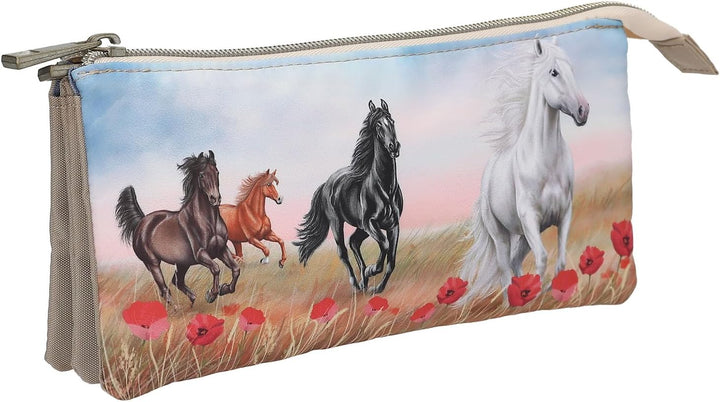 Depesche 13342 Miss Melody Poppy Sand - Schlampertasche in Beige, mit Pferde Motiv und Mohnblumen, F