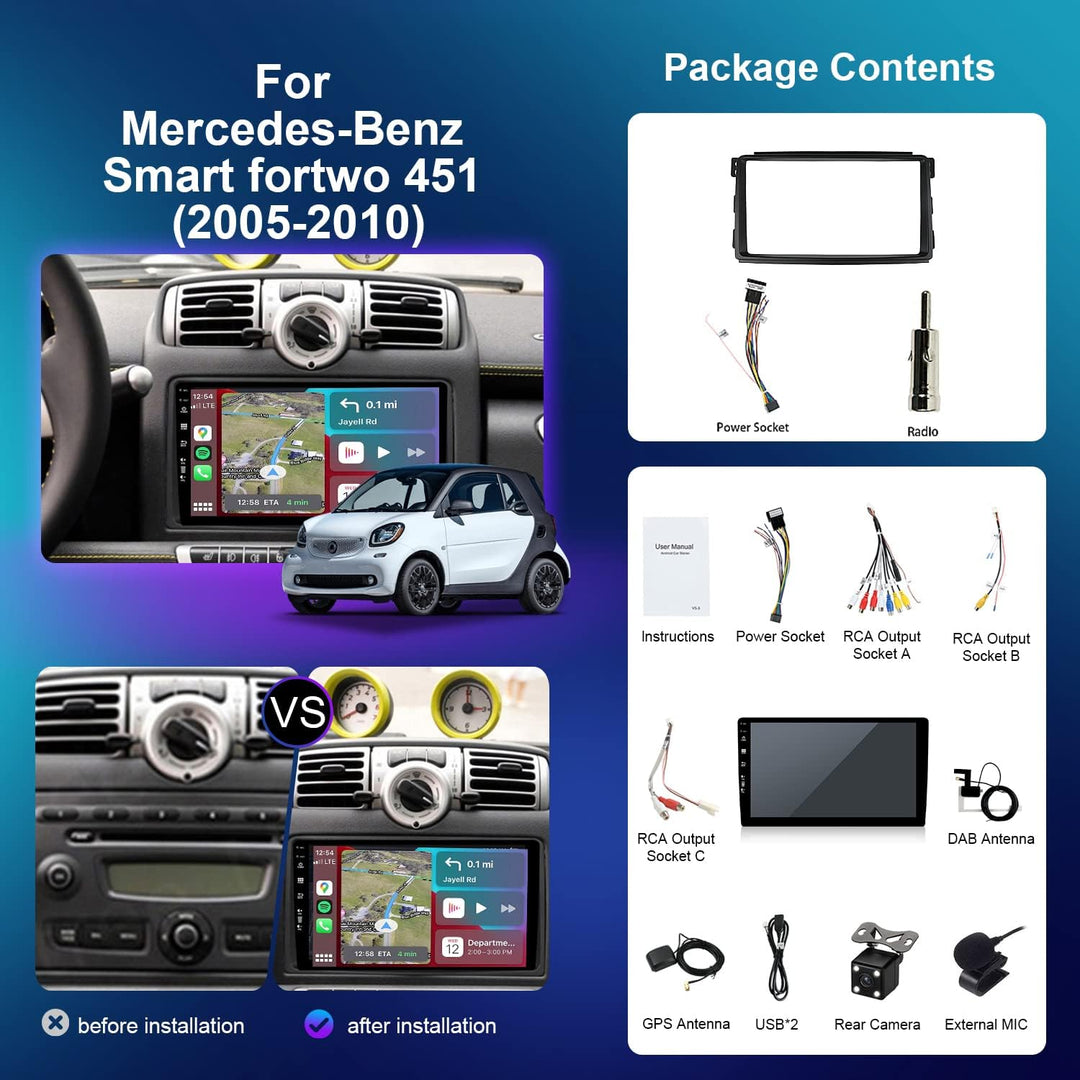 JOYX Android 12 IPS Autoradio - [Eingebaut DAB] - Passt für Benz Smart fortwo 451 (2005-2010) - Kabe