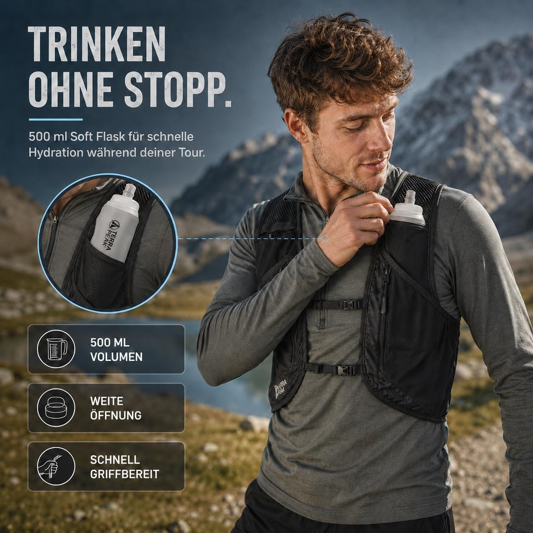 Terra Peak® VENA Laufweste 500ml Trinkflasche - Trinkweste Trinkrucksack Laufen Damen Herren S/M Sch