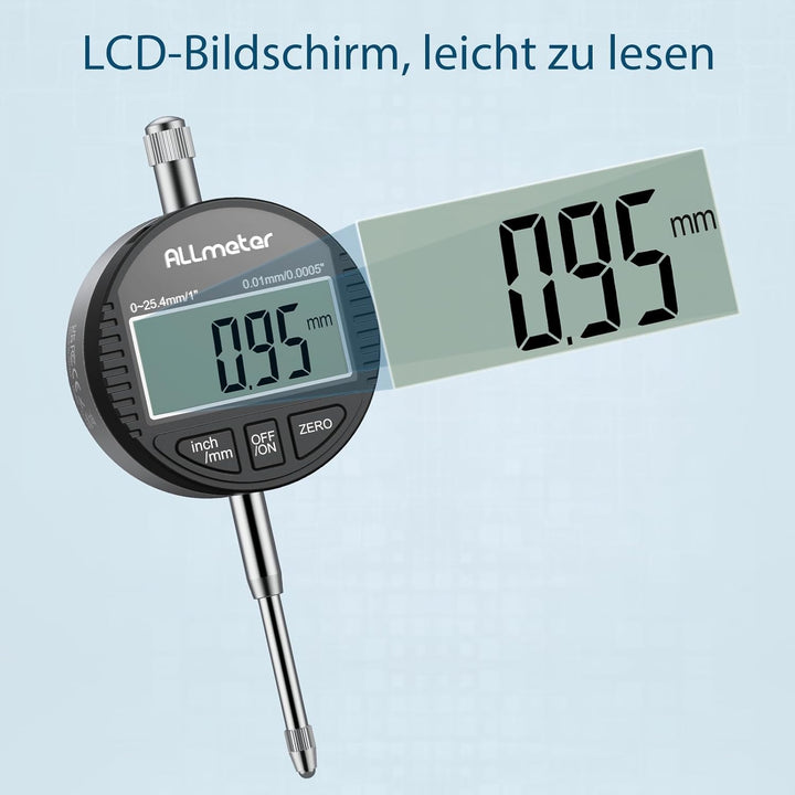 ALLmeter Digitale Messuhr 0,01 mm / 0,0005'', Präzise Messuhr Digital mit LCD-Display, Messbereich 0