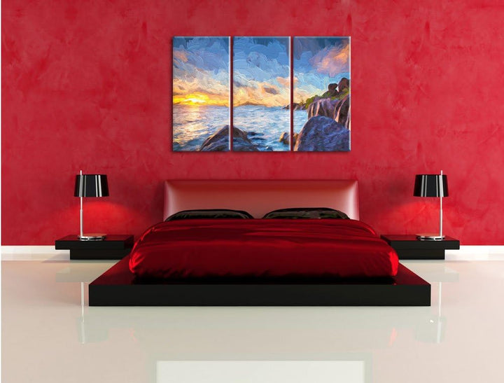 Pixxprint Sonnenuntergang Seychellen Kunst / 3-Teilig/Gesamtmass 120cm Leinwandbild bespannt auf Hol