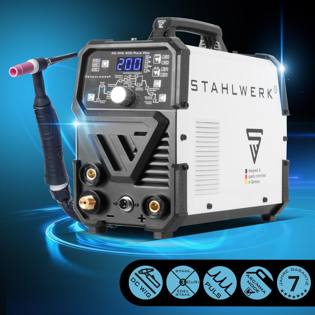 STAHLWERK DC WIG 200 Puls Pro - Digitales Profi WIG Schweissgerät mit MMA E-Hand und Pulsfunktion, f