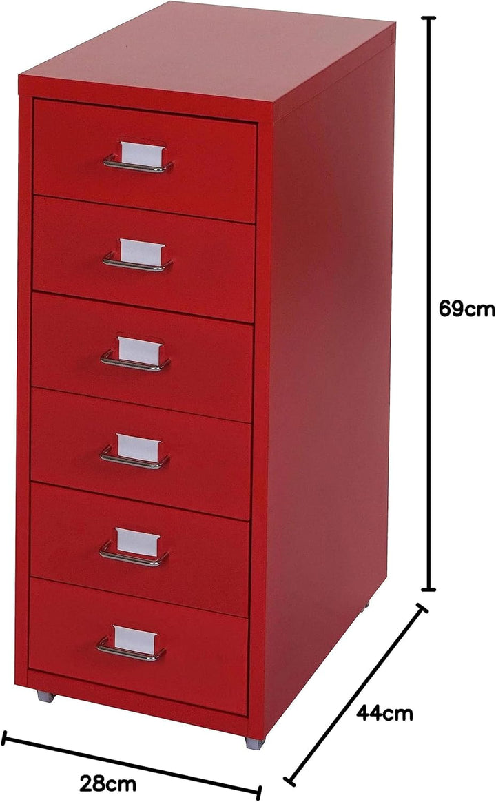 Mendler Rollcontainer Boston T851, Schubladenschrank Stahlschrank, 69x28x41cm 6 Schubladen - rot, Ro