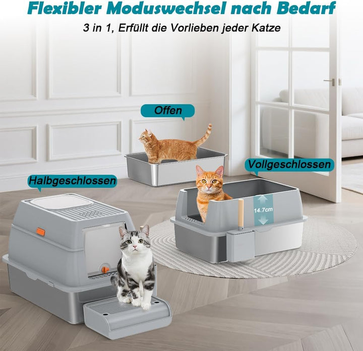 Katzenklo Edelstahl XL, Gross Edelstahl Katzentoilette mit Deckel, Stainless Steel Cat Litter Box, G