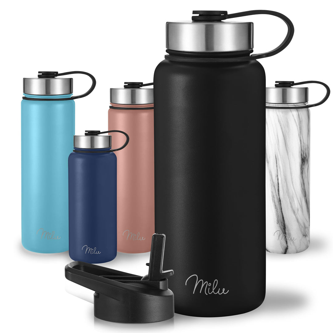 Milu Edelstahl Trinkflasche 500ml, 750ml, 1000ml (+3 Deckel) - Thermosflasche mit Strohhalm, Isolier