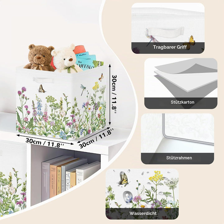 Clastyle 3 Stück Wildblumen Frauen Aufbewahrungsbox Stoff für Kallax Faltbar Aufbewahrungskorb Klein