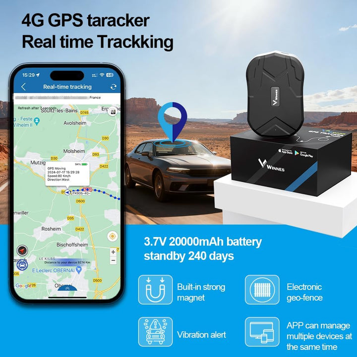 WINNES 4G GPS-Tracker für Auto, TK905C Diebstahlschutz ohne Abonnement, 20.000 mAh (240 G Standby),