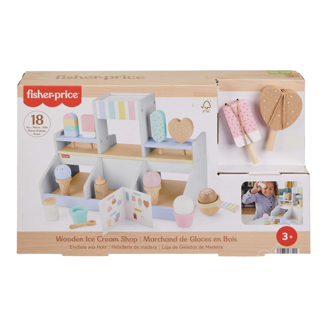 Fisher-Price Eisdielen-Spielset für Kindergartenkinder aus Holz, 18 Holzteile für Rollenspiele ab 3