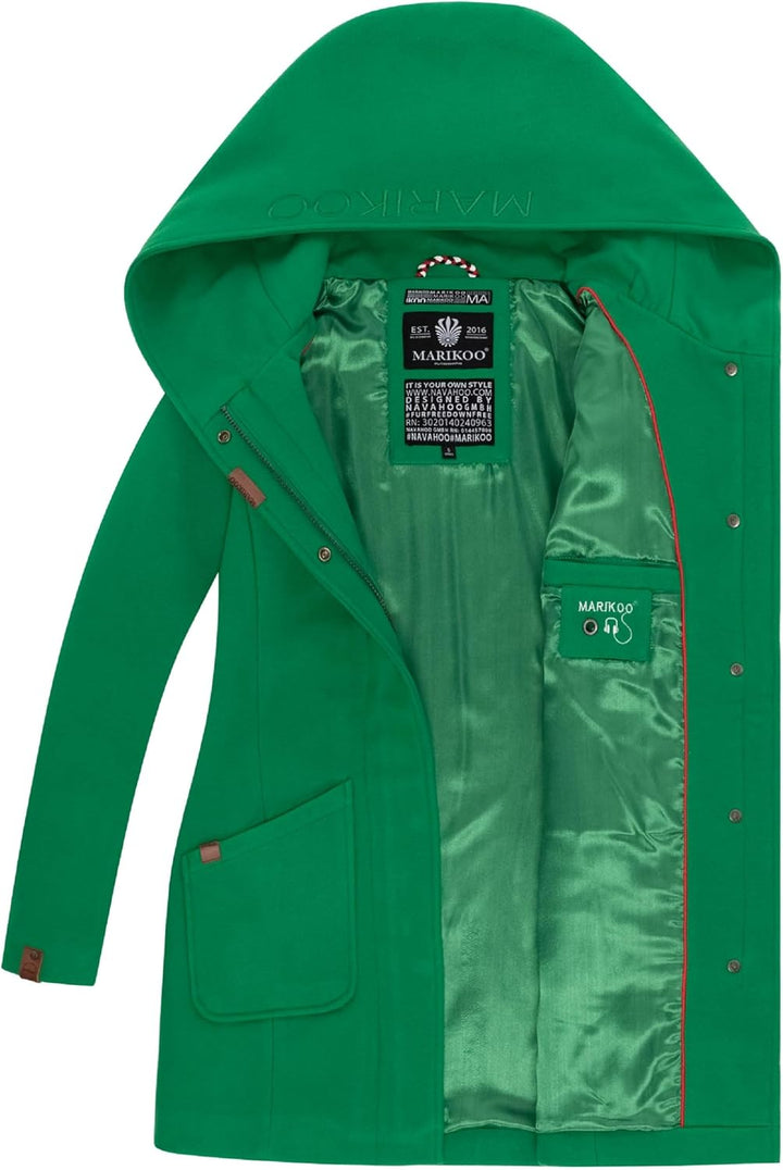 MARIKOO Damen Mantel in Wollmantel-Optik Warmer Trenchcoat mit Kapuze Maikoo XS-5XL S Smaragd Green,