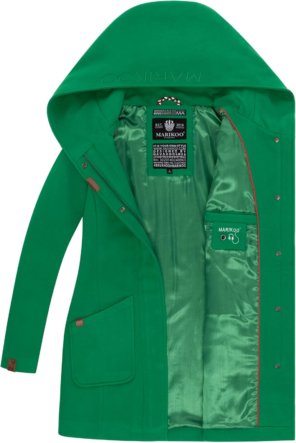 MARIKOO Damen Mantel in Wollmantel-Optik Warmer Trenchcoat mit Kapuze Maikoo XS-5XL M Smaragd Green,