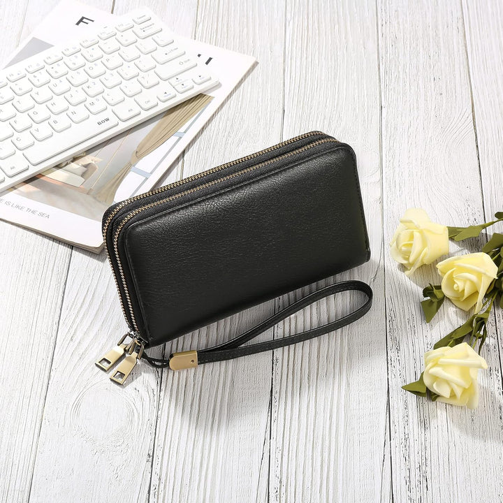 GAEKEAO Geldbörse Damen Gross, Portemonnaie Damen Veganes Leder Doppel Reissverschluss Kreditkartene