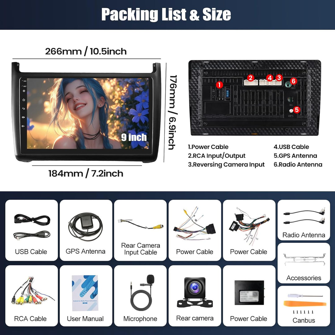 CAMECHO 2+64G 9 Zoll Android 13 Autoradio für VW Polo 6R 6C 9N 2008-2016 mit Wireless Carplay Androi
