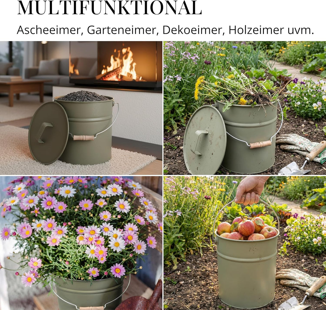 LIVLIG Premium Ascheeimer mit Deckel 12L Moosgrau, verzinkter Eimer mit Deckel für Moderne Kamine, P