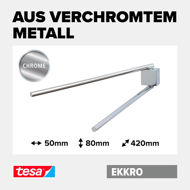 tesa EKKRO Bad Handtuchhalter, 2-armig und schwenkbar, verchromt - zur Wandbefestigung ohne Bohren,