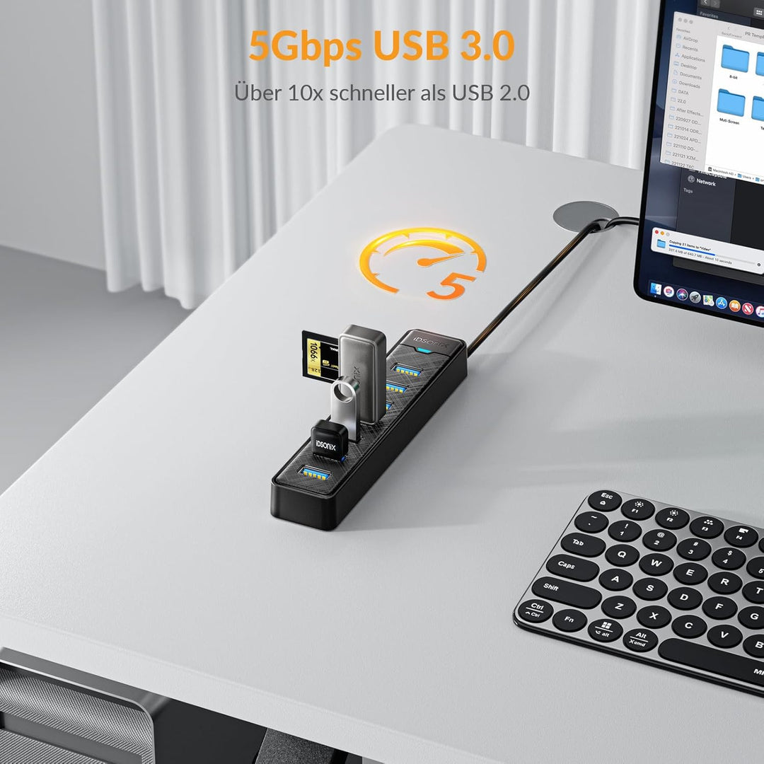 iDsonix 7-Port USB 3.0 Hub - USB Verteiler Multiport Adapter mit 1M Kable, USB 3.0 5Gbps Data, 5V 3A